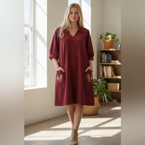 EUC Vintage April Cornell Red Corduroy Dress with Embroidered Pockets Size XL